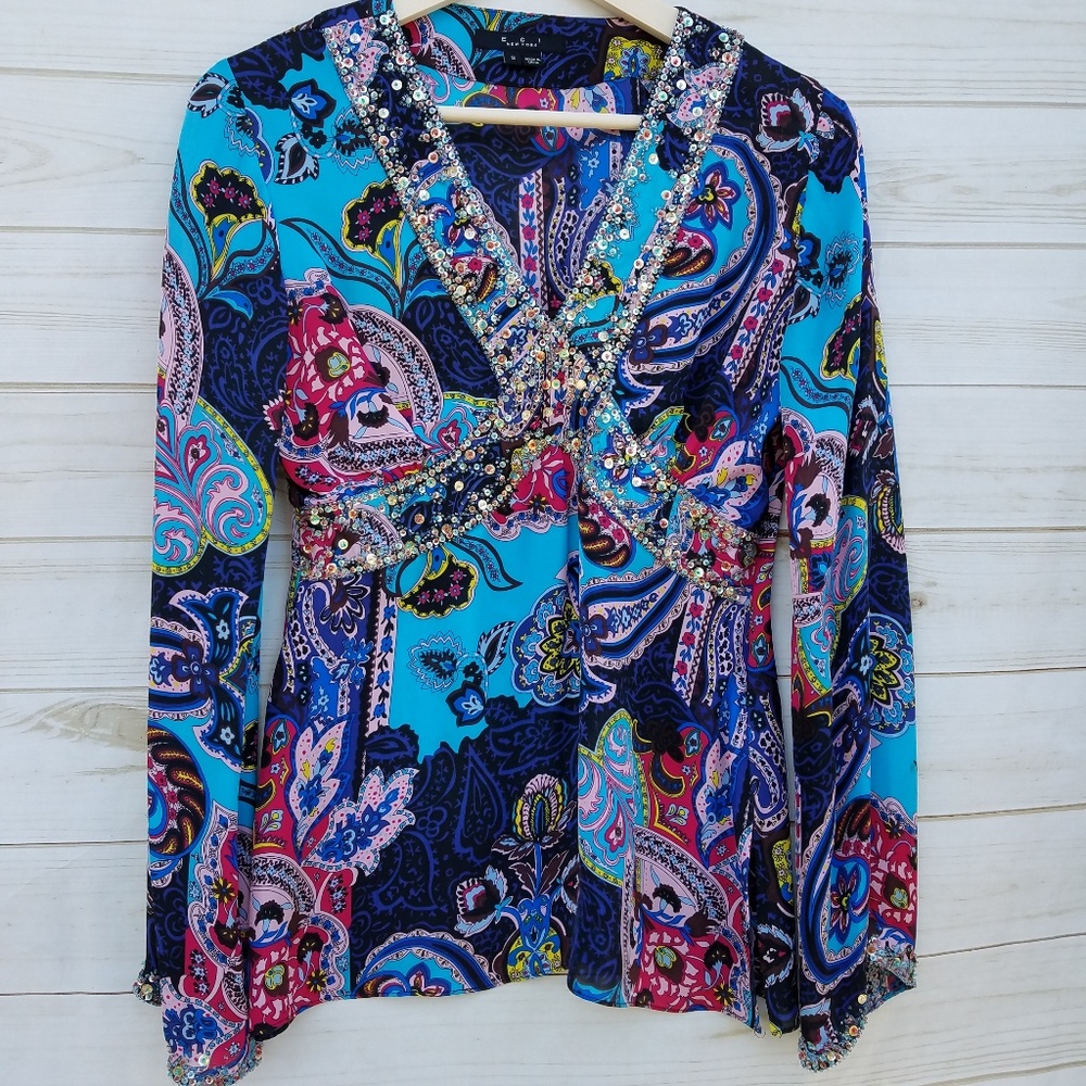ECI silk blouse S bead trim gypsy boho perfect!